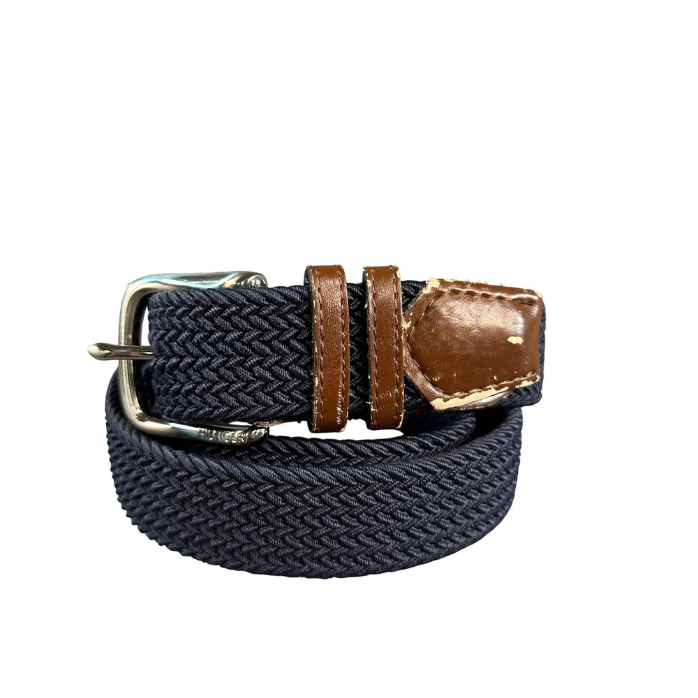 Tommy Hilfiger Mens Braided Stretch Belt Navy Blue Brown Bonded Leather Size M